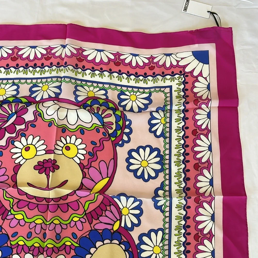 Moschino Silk Scarf Flowers Bear Bohemian Size 25inx25in Square NWT ITALY
